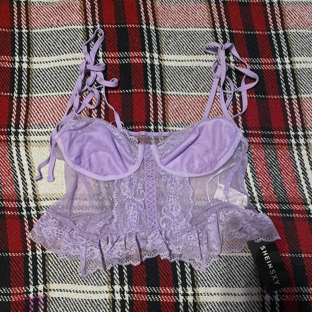 NWT shein sky plus lilac purple shoulder tie ruffle hem sheer crop top - 1X, 14 - Picture 3 of 8